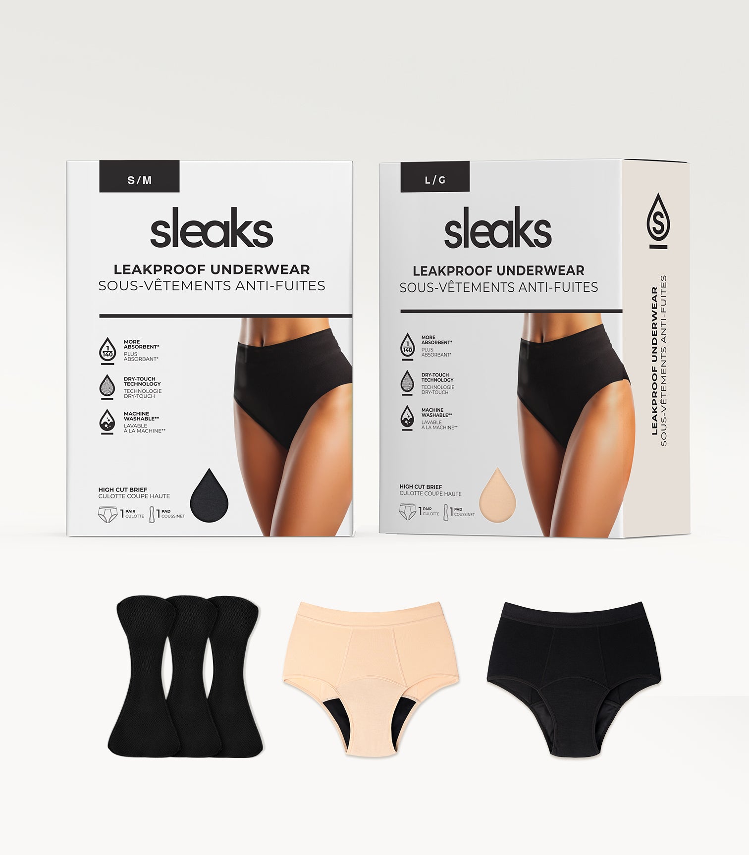 Two boxes of sleaks leakproof underwear with models and product images.